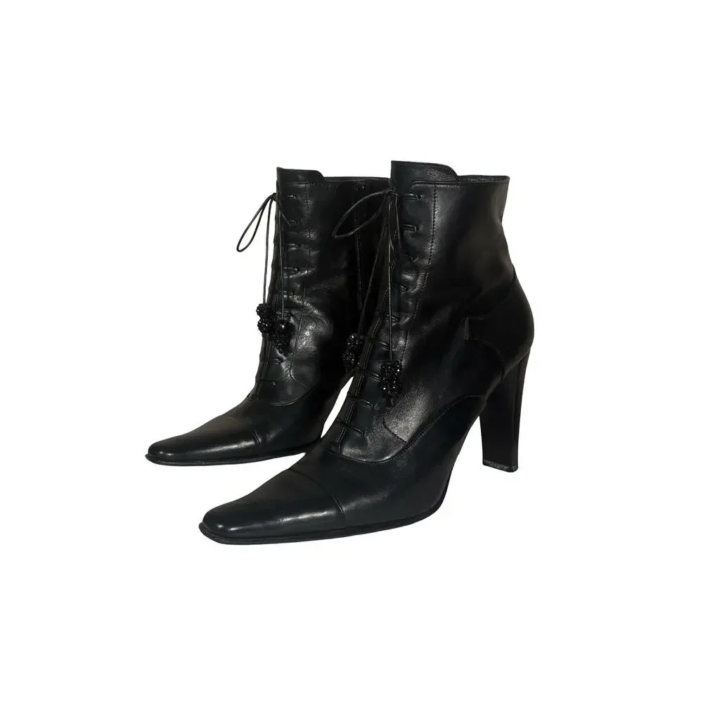 Vintage Via Spiga Black Leather Corset Detail Ankle Boots 10M